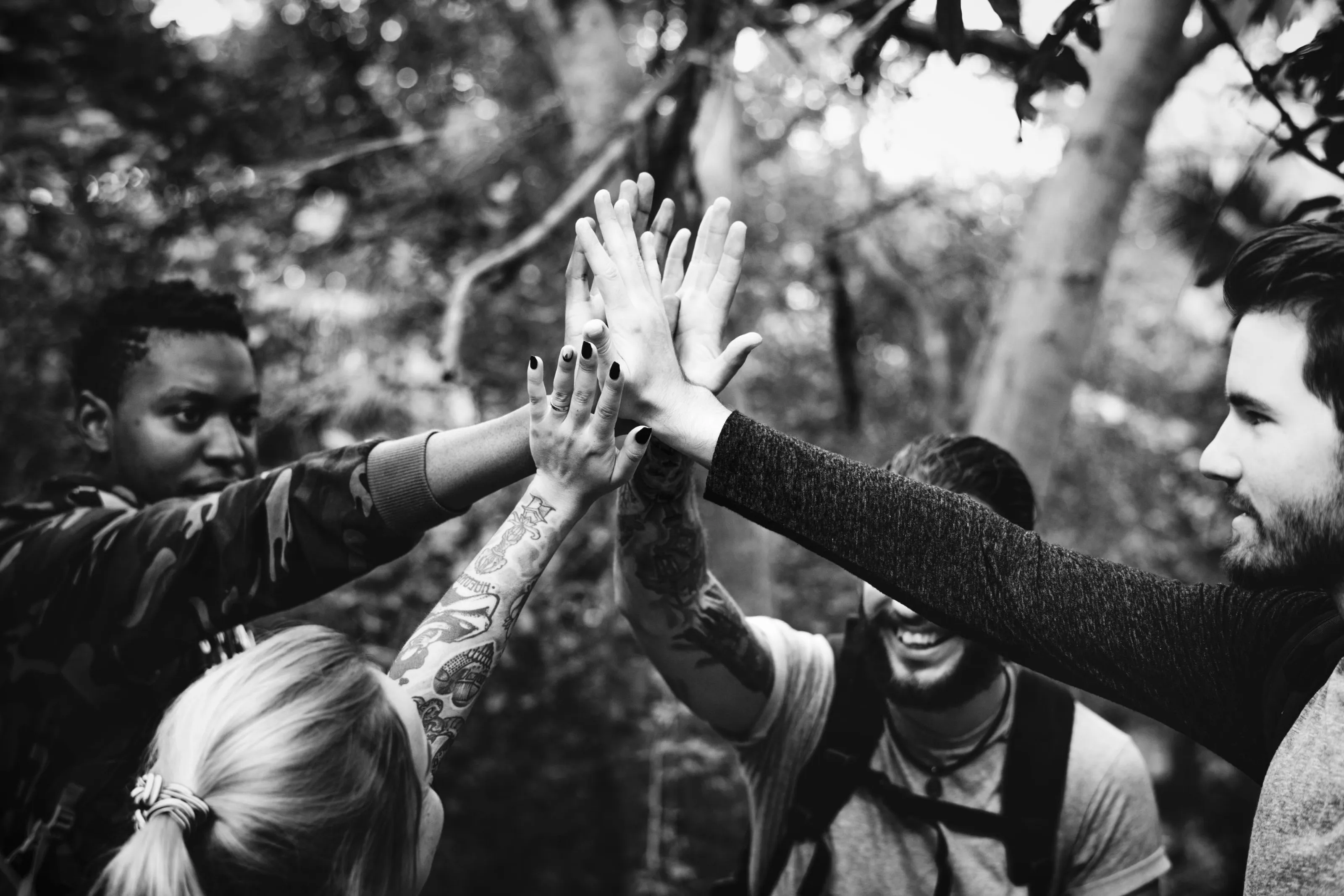 Fotografía en blanco y negro de un grupo de cinco personas en un bosque que juntan las manos en alto en un choque de palmas colectivo.