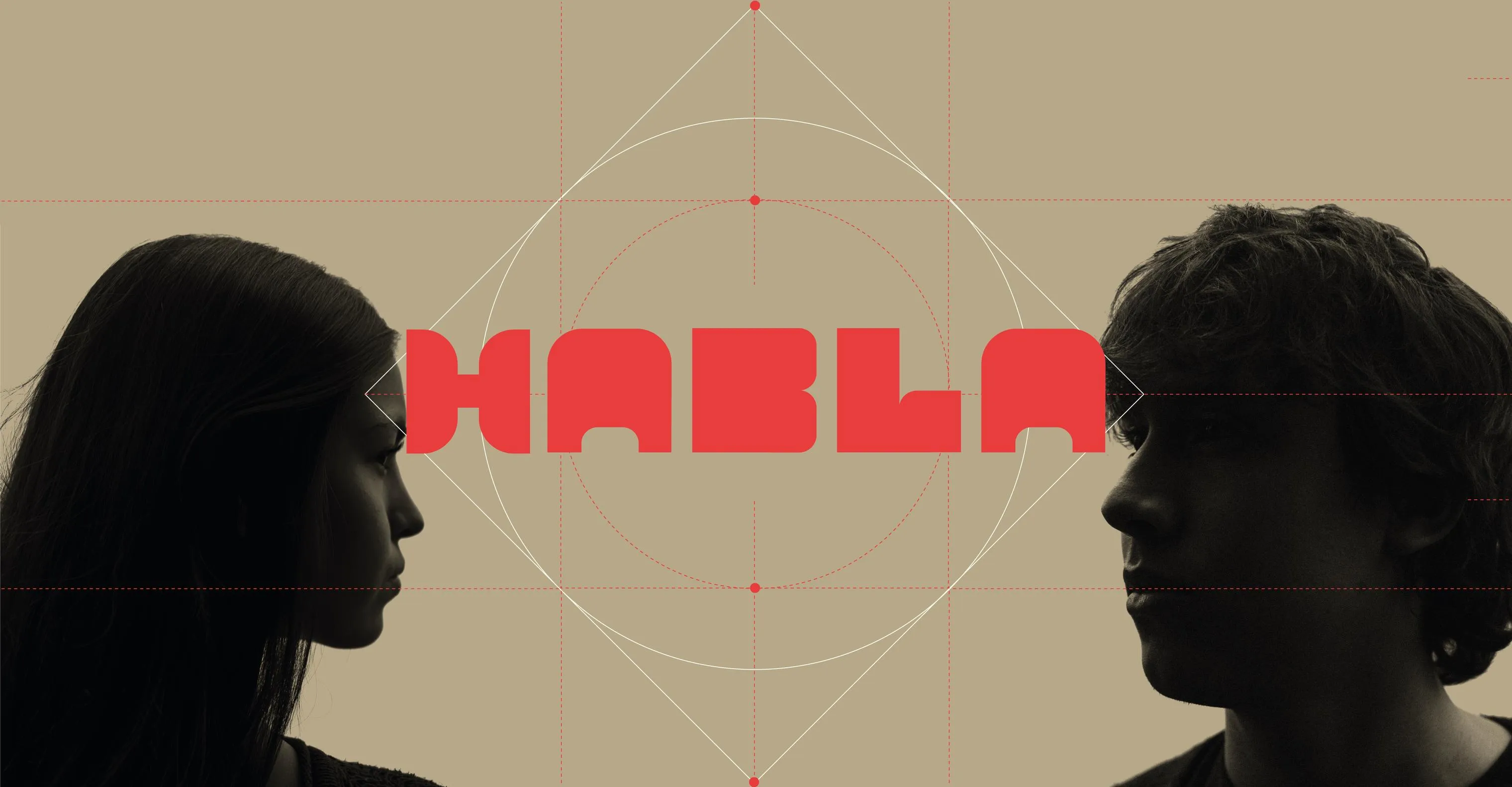 Sobre un fondo beige, un diagrama geométrico con círculos y un rombo en líneas finas rodea el logotipo «HABLA» en rojo; a los lados, las siluetas en perfil de una mujer y un hombre se miran de frente.